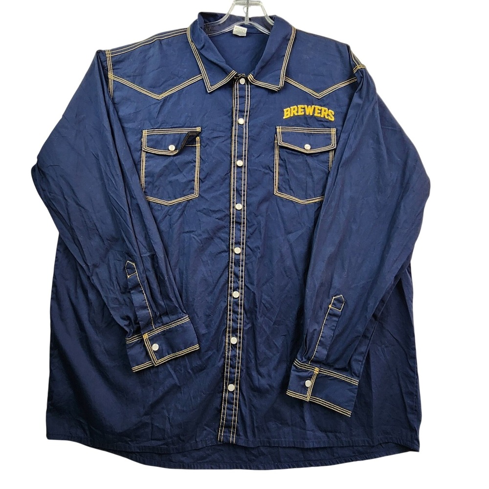 MLB 2XL Blue Milwaukee Brewers Western Pearl Snap Shirt Contrast Stitch Gameday
